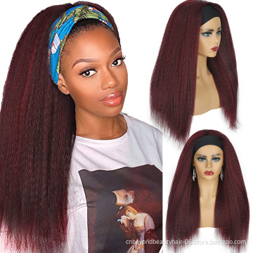 Dark red Yaki Headband wig Synthetic hair extension Kinky Curly Elastic Synthetic wigs For Black Women